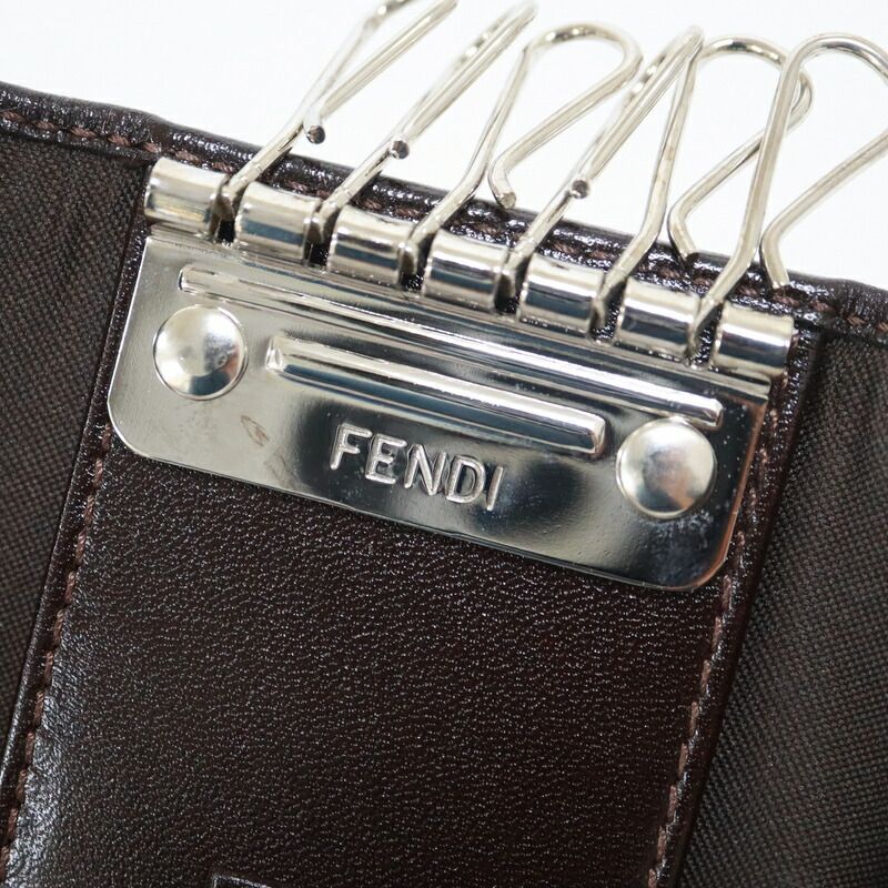 Fendi Key Case 6 Rows Zucca Pattern Leather Canvas Silver Brown Key Holder X Black