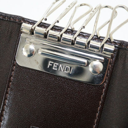 Fendi Key Case 6 Rows Zucca Pattern Leather Canvas Silver Brown Key Holder X Black