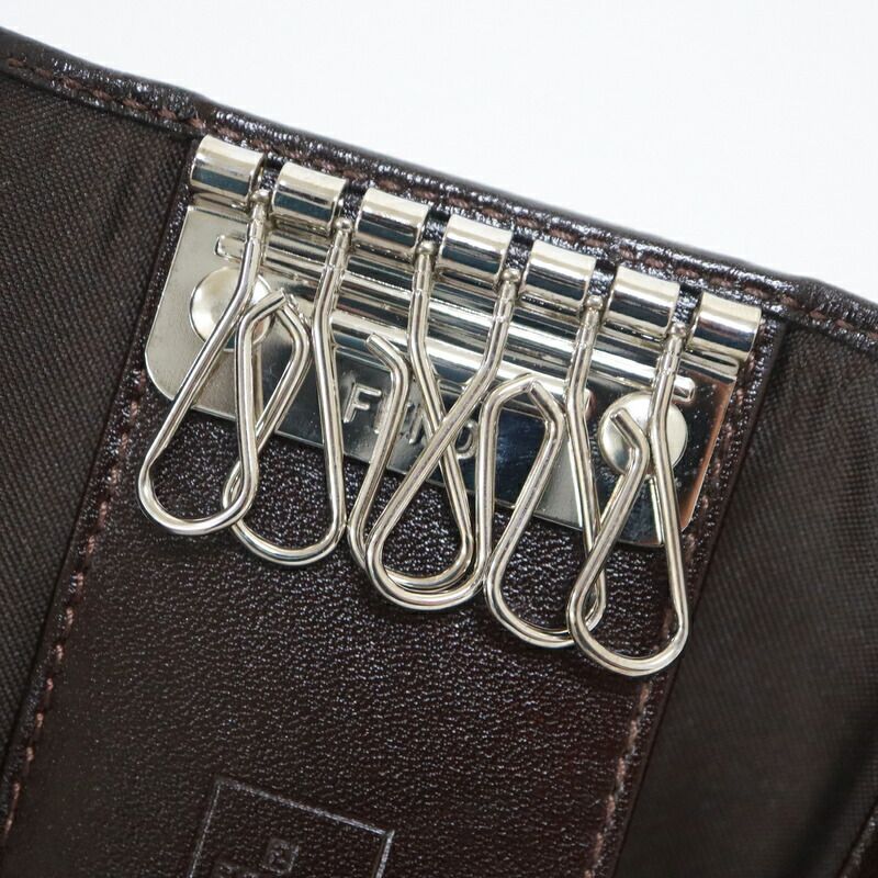 Fendi Key Case 6 Rows Zucca Pattern Leather Canvas Silver Brown Key Holder X Black