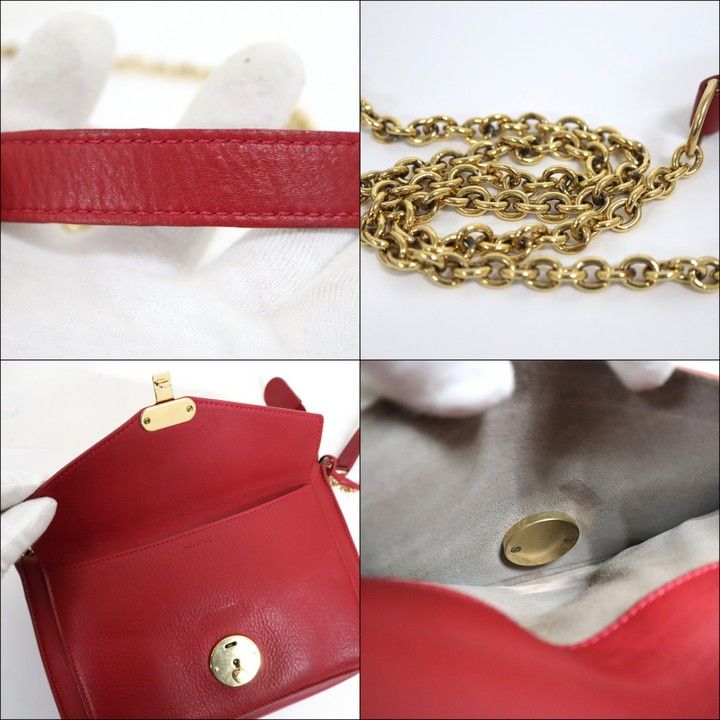Celine Chain Shoulder Bag Leather Red Gold :red