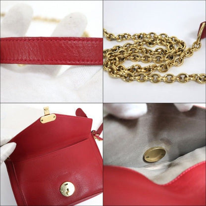 Celine Chain Shoulder Bag Leather Red Gold :red