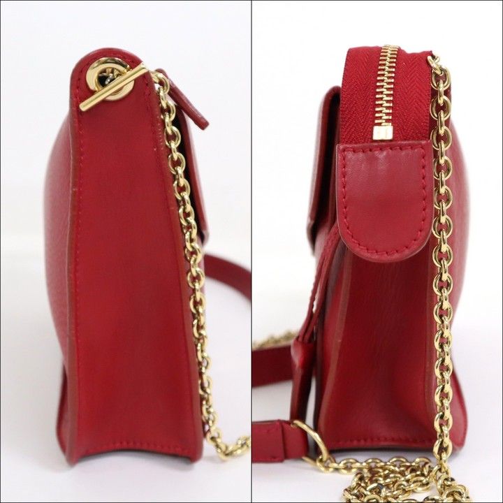 Celine Chain Shoulder Bag Leather Red Gold :red