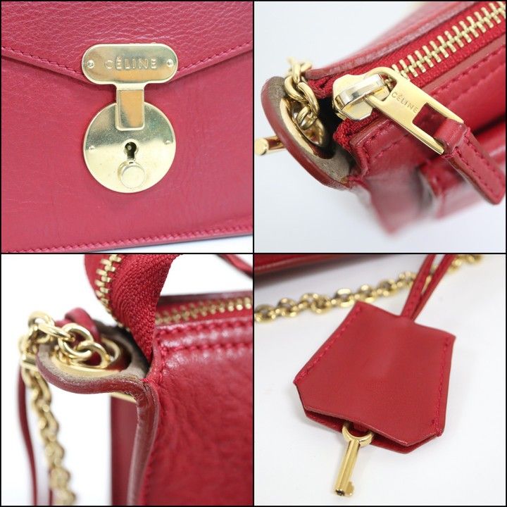 Celine Chain Shoulder Bag Leather Red Gold :red