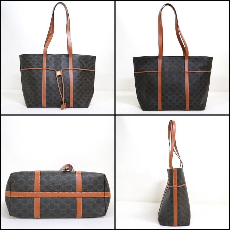 Celine Triomphe Cabas Drawstring Tote Dark Brown Leather