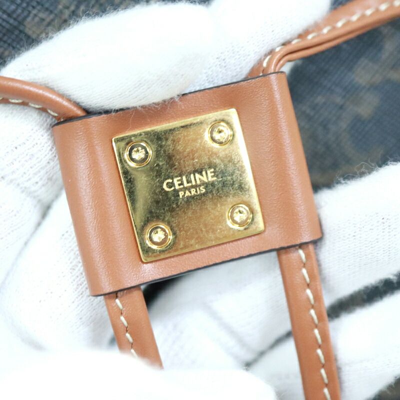 Celine Triomphe Cabas Drawstring Tote Dark Brown Leather