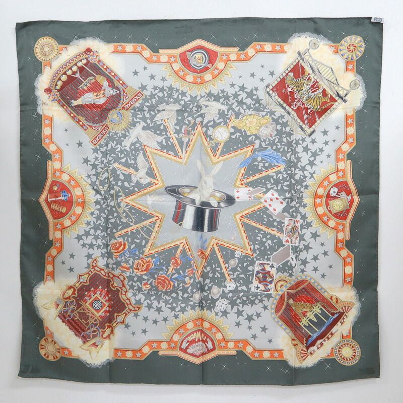 Hermes Carre 90 Magic la Magie Gray Orange Silk Scarf