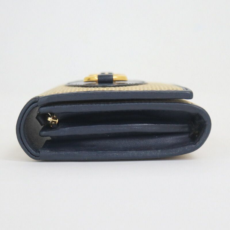 Gucci Bifold Wallet Horsebit Canvas Leather Gold Beige Navy