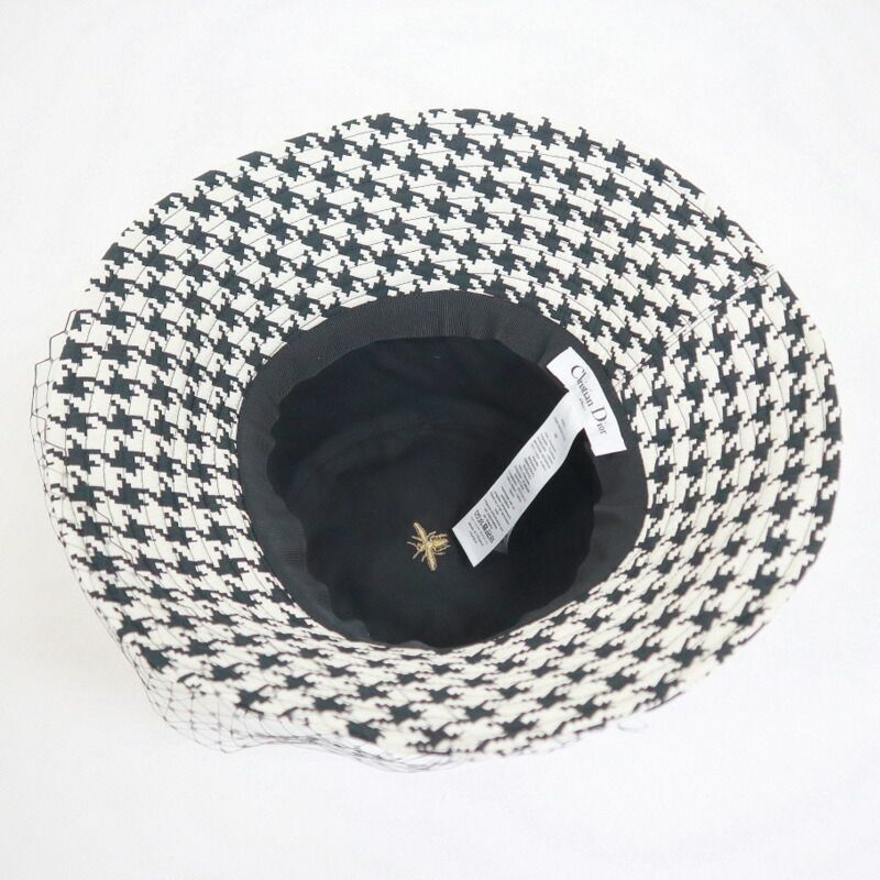 Dior Hat with Lace Decoration Houndstooth Pattern Polyester Black 58