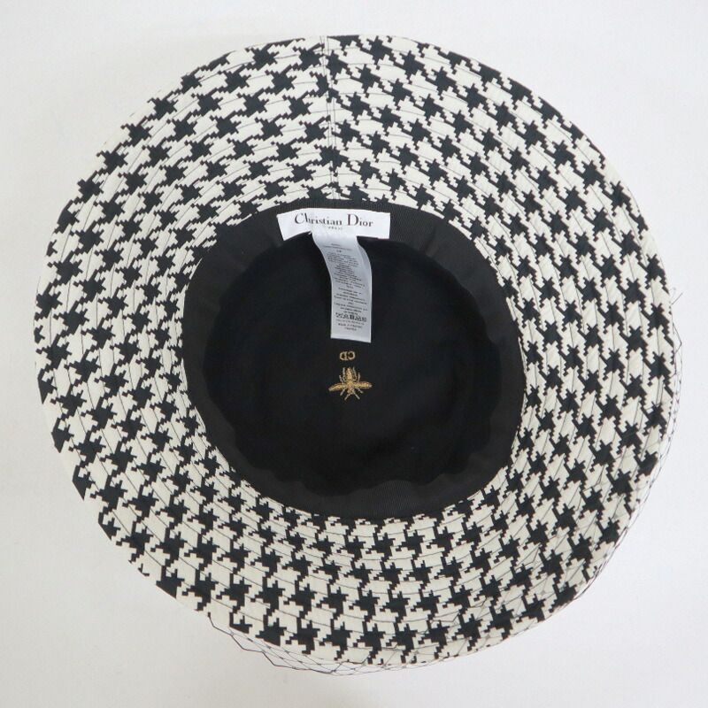 Dior Hat with Lace Decoration Houndstooth Pattern Polyester Black 58