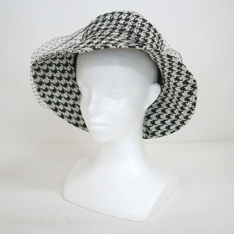 Dior Hat with Lace Decoration Houndstooth Pattern Polyester Black 58