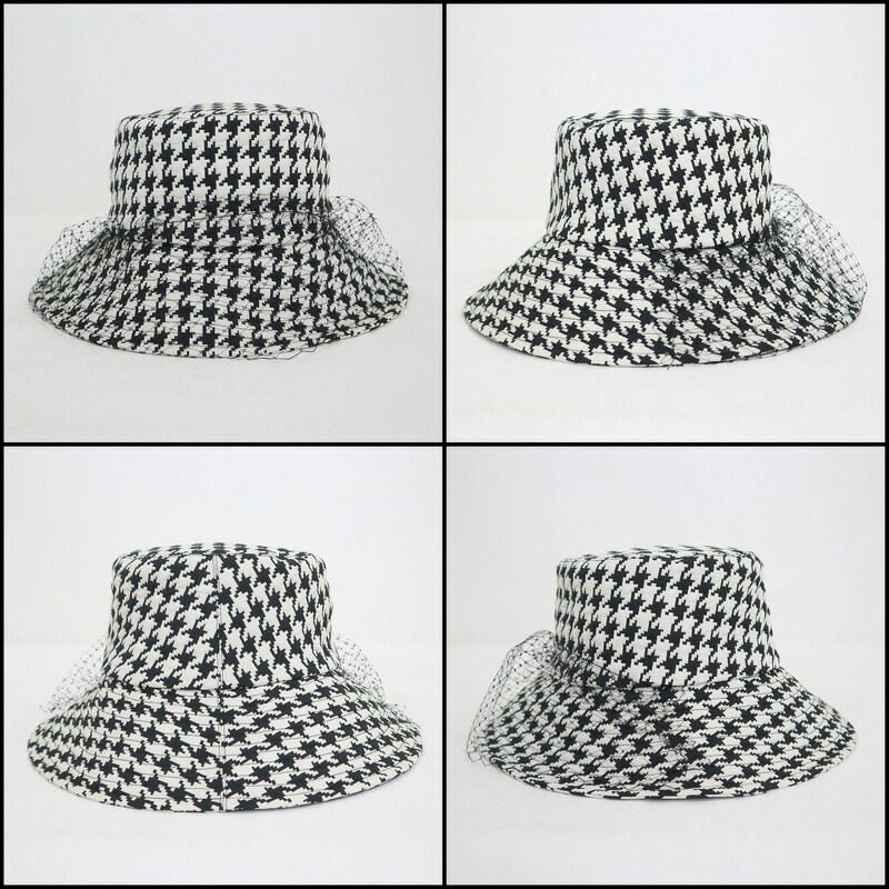 Dior Hat with Lace Decoration Houndstooth Pattern Polyester Black 58