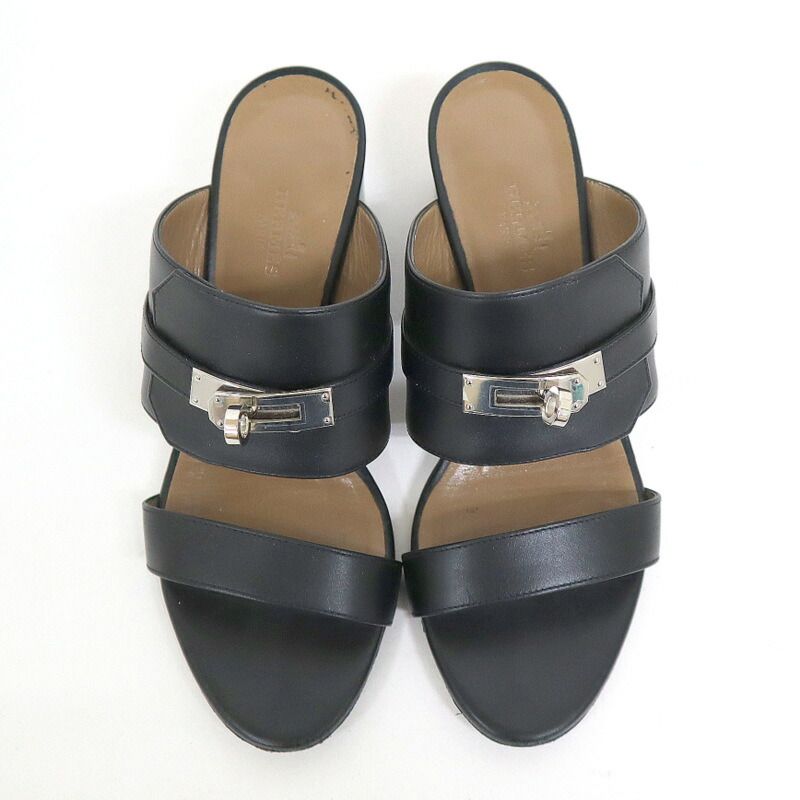 Hermes Ovacion Sandals Leather Black Silver 35