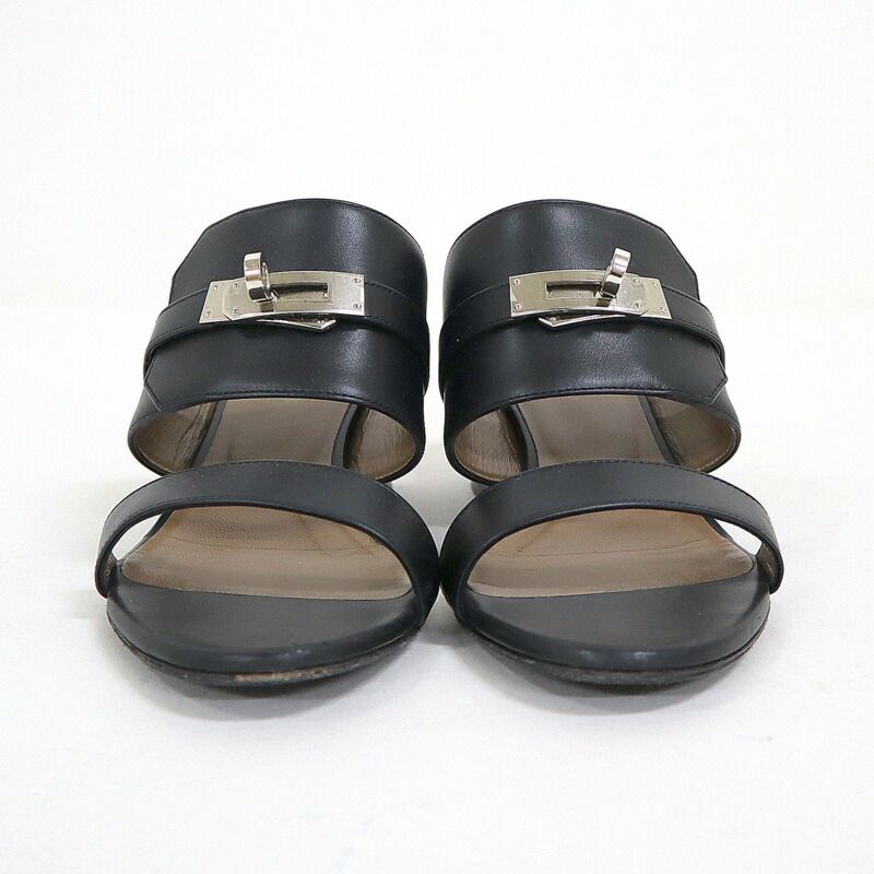 Hermes Ovacion Sandals Leather Black Silver 35