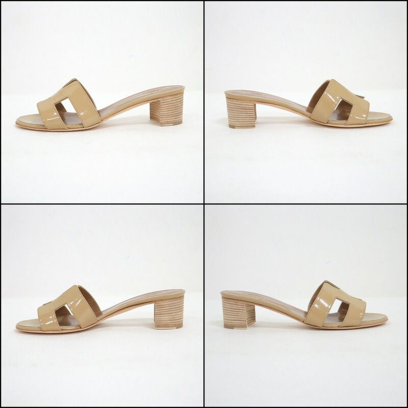 Hermes Oasis Sandals Beige Sable Patent Leather 37.5