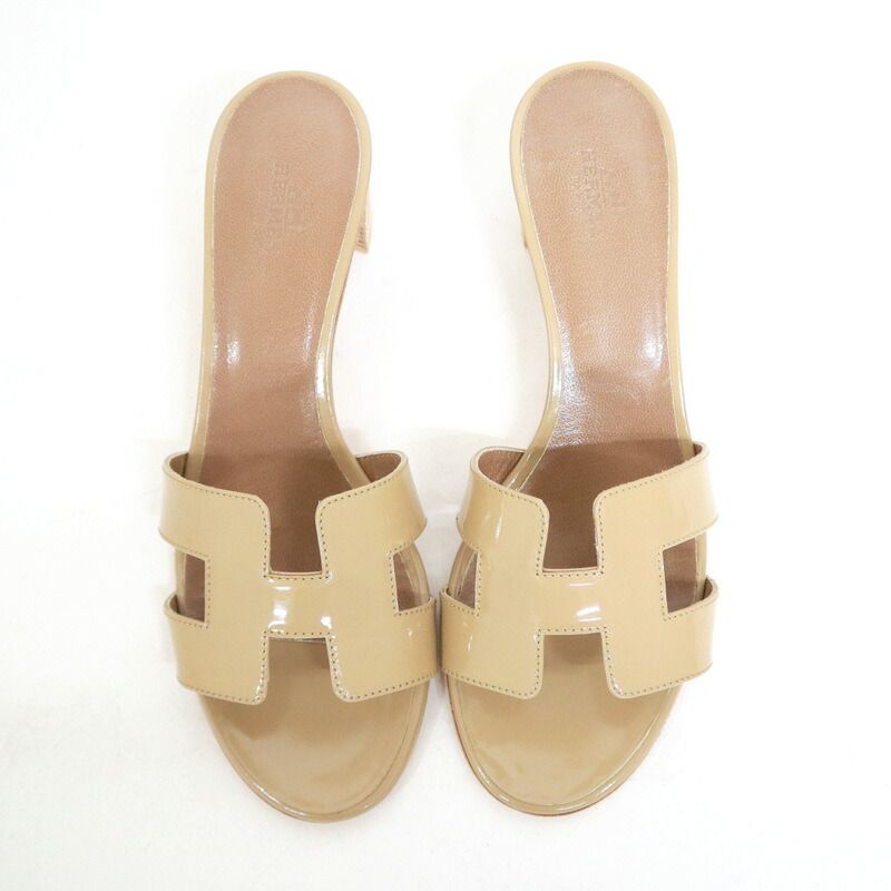 Hermes Oasis Sandals Beige Sable Patent Leather 37.5