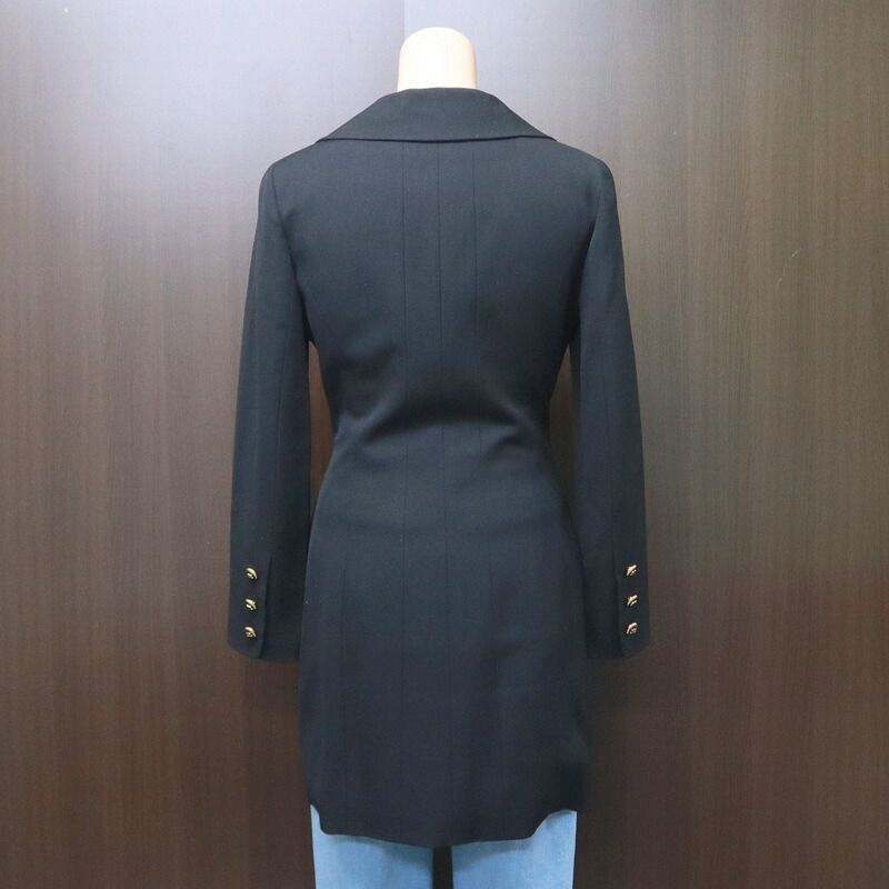 Chanel Coco Button Long Jacket Wool Silk Black 40