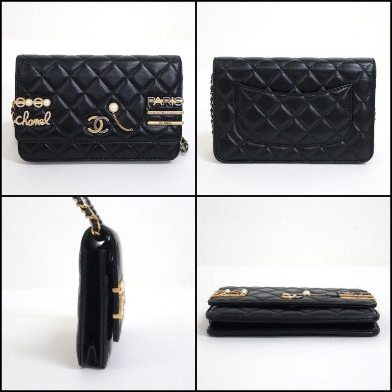 Chanel Quilted Chain Wallet 19 Lambskin Black Gold Silver