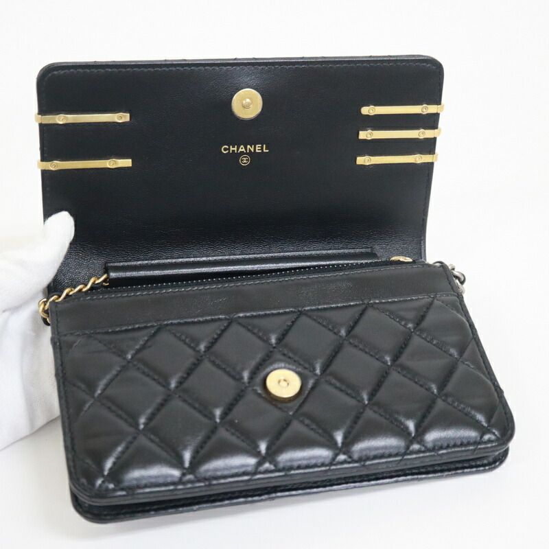 Chanel Quilted Chain Wallet 19 Lambskin Black Gold Silver