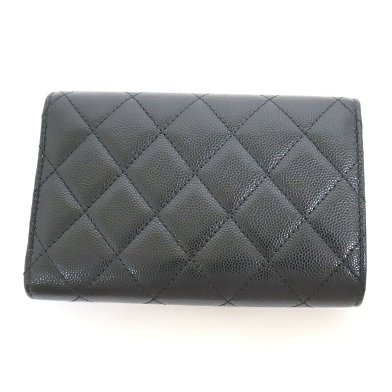 Chanel Trifold Wallet Quilted Black Silver Caviar Leather