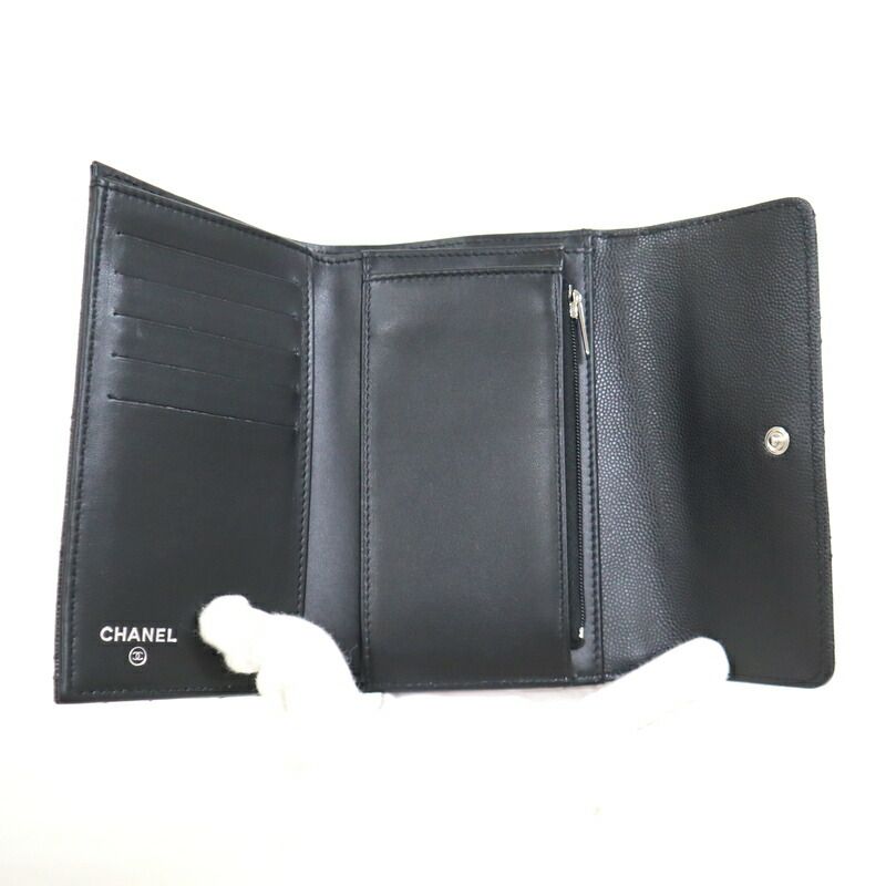 Chanel Trifold Wallet Quilted Black Silver Caviar Leather