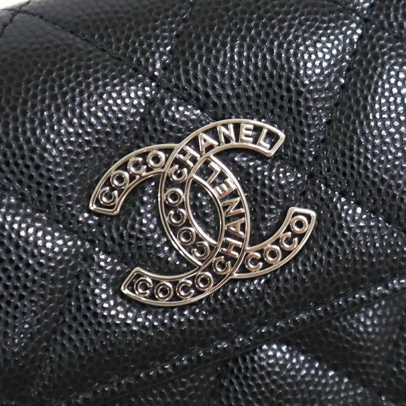 Chanel Trifold Wallet Quilted Black Silver Caviar Leather