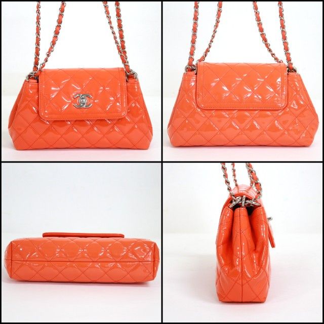 Chanel Quilted Enamel Chain Shoulder Orange Silver Patent :orange