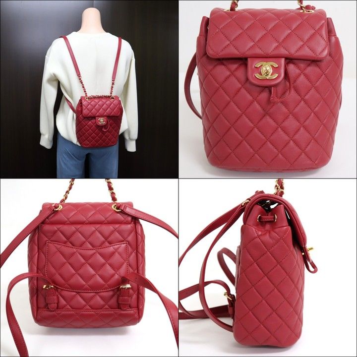 Chanel Chain Backpack Quilted Lambskin Red Gold :red
