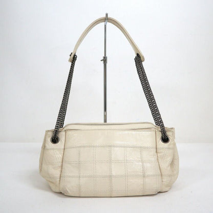 Chanel Choco Bar Logo Chain Shoulder Bag Leather White Silver