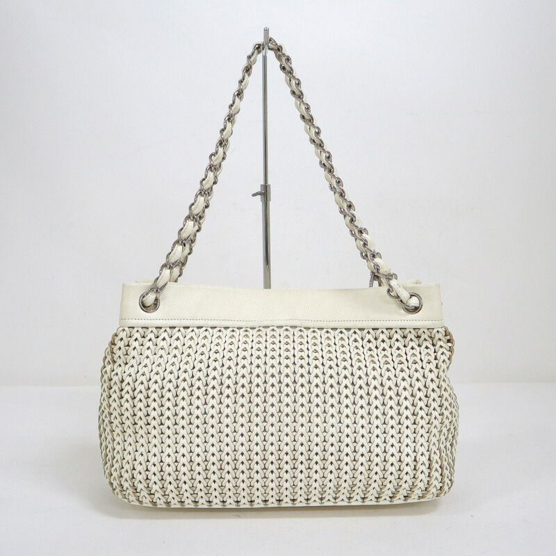 Chanel Chain Tote Leather White Silver