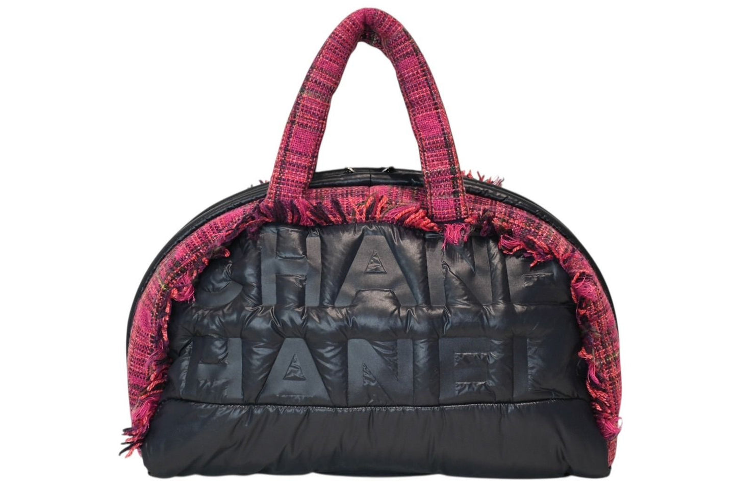 Chanel Boston Handbag Logo Pink Navy Tweed Nylon