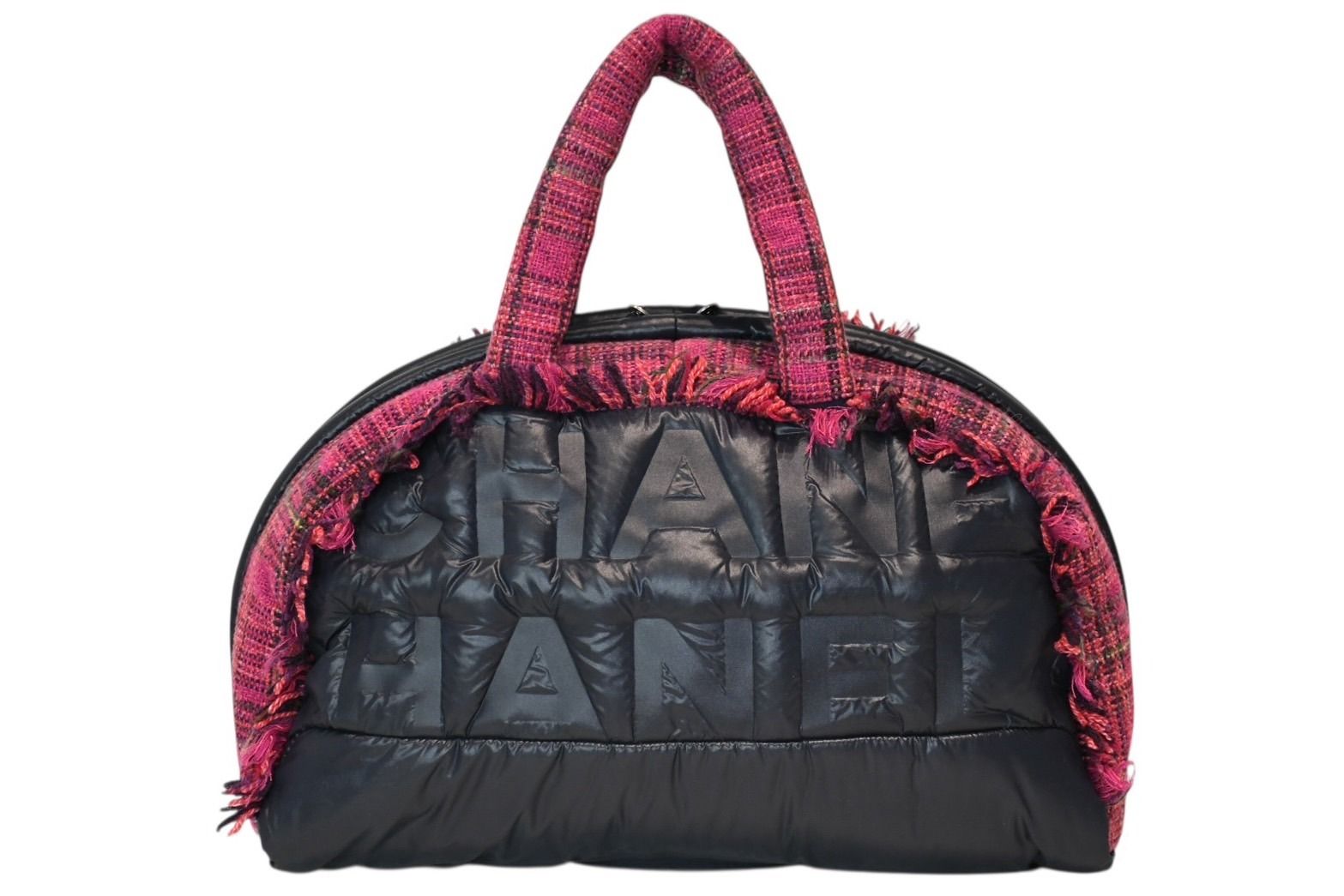 Chanel Boston Handbag Logo Pink Navy Tweed Nylon