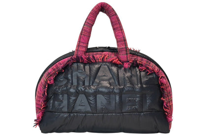 Chanel Boston Handbag Logo Pink Navy Tweed Nylon