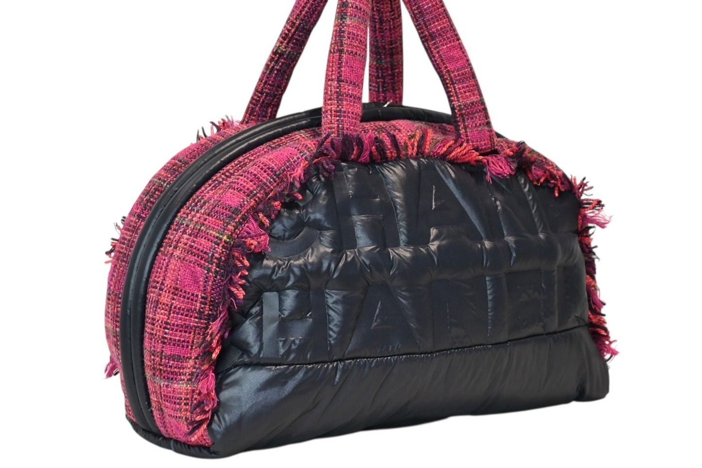Chanel Boston Handbag Logo Pink Navy Tweed Nylon — view 3