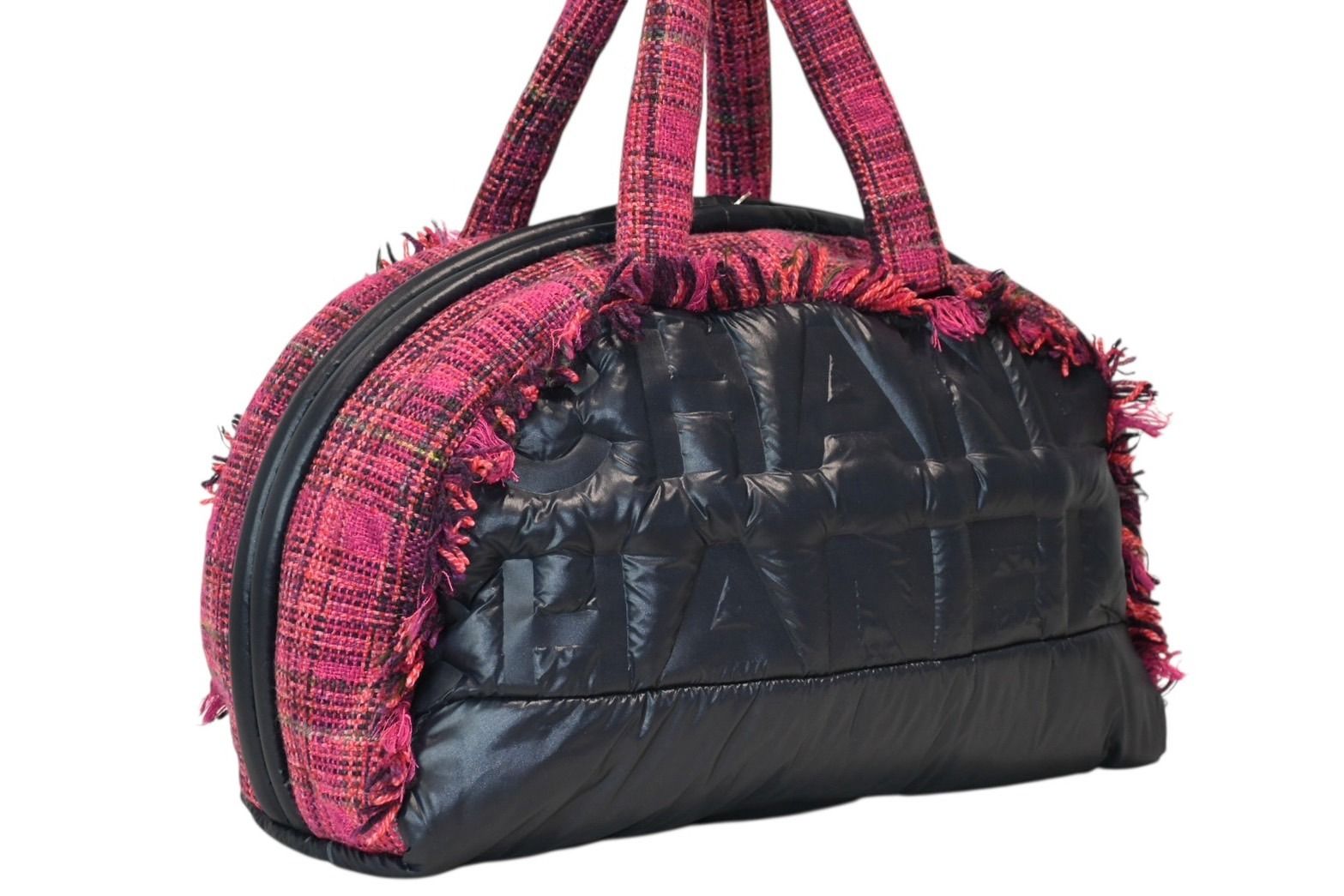 Chanel Boston Handbag Logo Pink Navy Tweed Nylon — view 3
