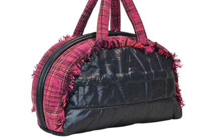 Chanel Boston Handbag Logo Pink Navy Tweed Nylon — view 3