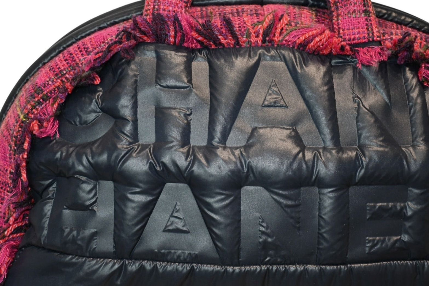 Chanel Boston Handbag Logo Pink Navy Tweed Nylon — view 8