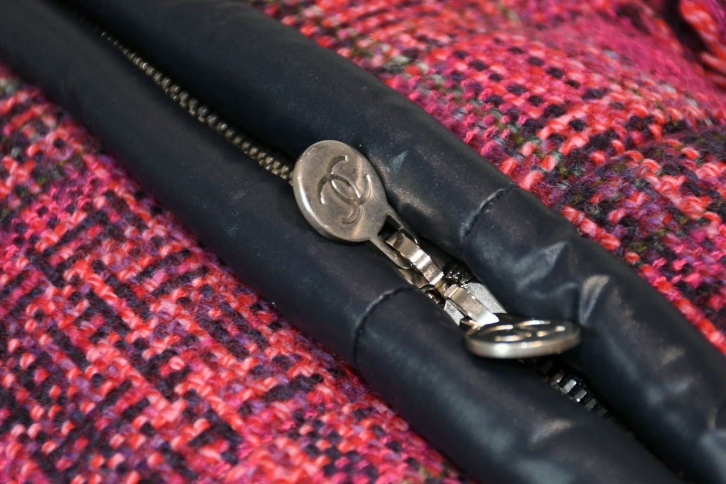 Chanel Boston Handbag Logo Pink Navy Tweed Nylon — view 7