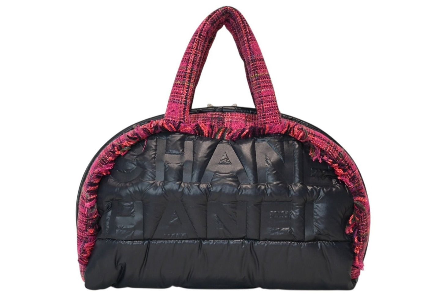 Chanel Boston Handbag Logo Pink Navy Tweed Nylon — view 2