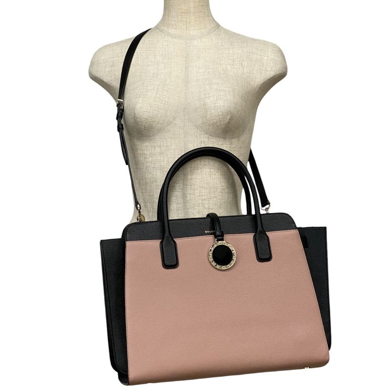 Bvlgari Alba Tote Shoulder Bag 2-Way Logo Leather Beige Black