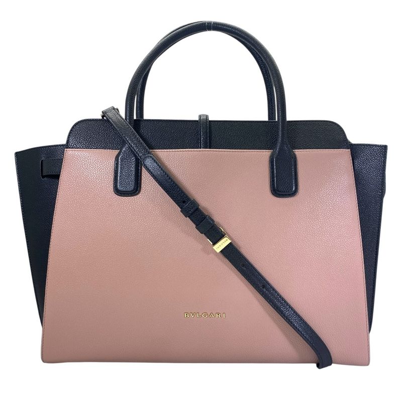 Bvlgari Alba Tote Shoulder Bag 2-Way Logo Leather Beige Black