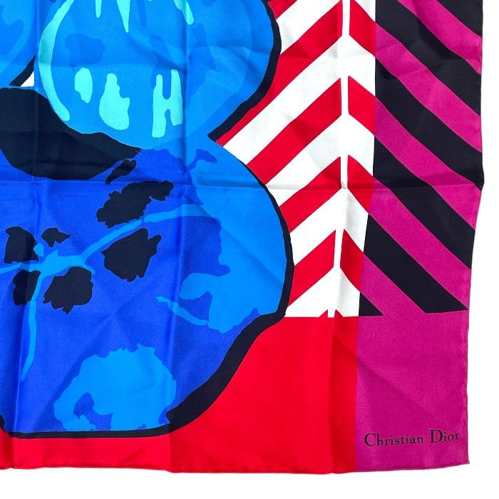 Dior D-flower Pop Scarf Shawl Floral Red Blue Silk