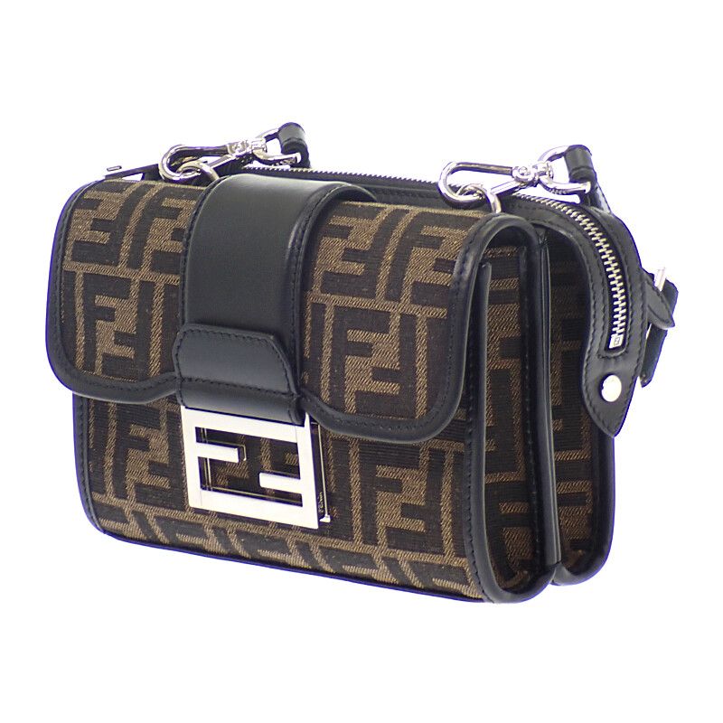 Fendi Baguette Double Shoulder Bag Leather FF Jacquard Brown Black