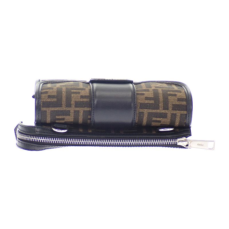 Fendi Baguette Double Shoulder Bag Leather FF Jacquard Brown Black