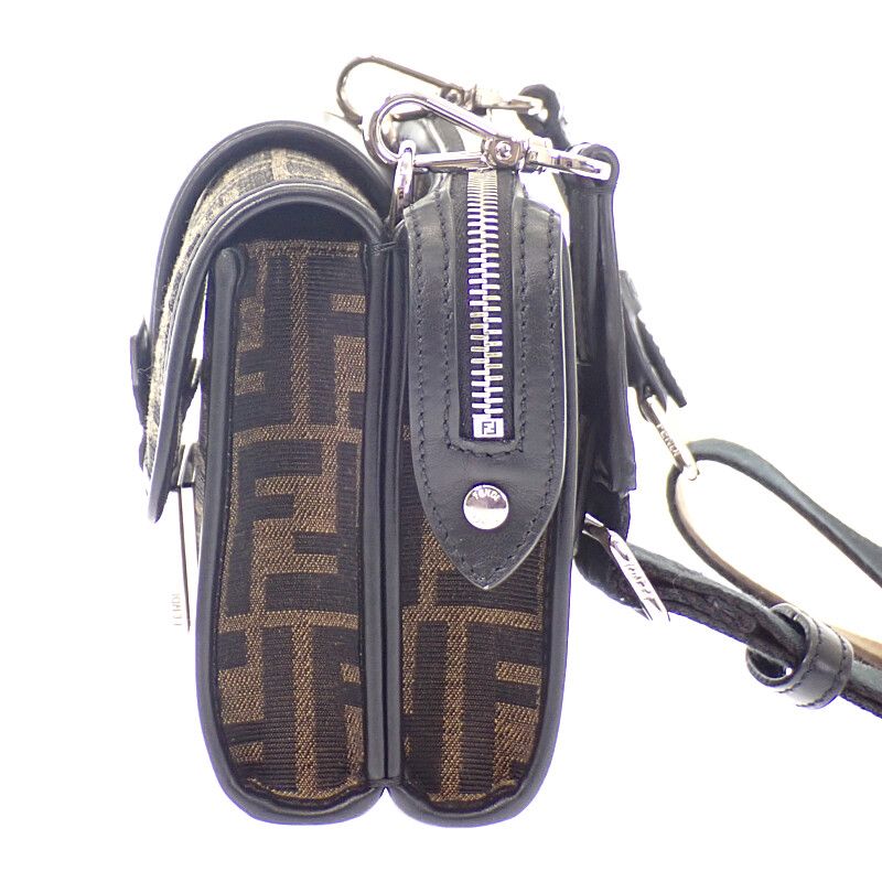 Fendi Baguette Double Shoulder Bag Leather FF Jacquard Brown Black