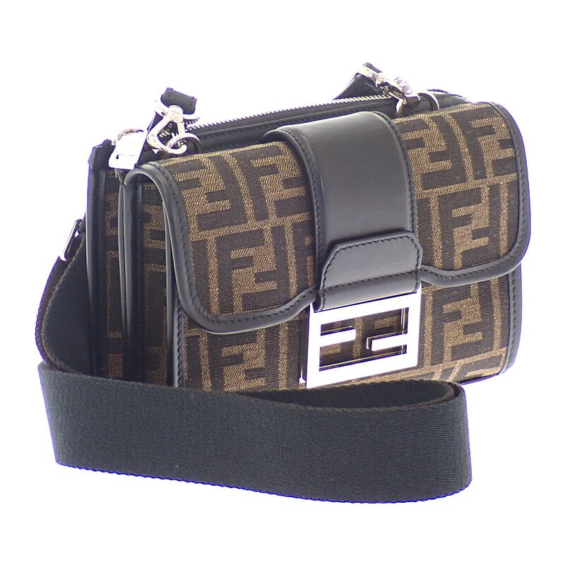 Fendi Baguette Double Shoulder Bag Leather FF Jacquard Brown Black