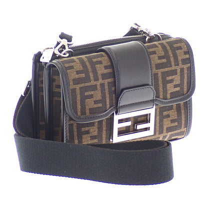 Fendi Baguette Double Shoulder Bag Leather FF Jacquard Brown Black