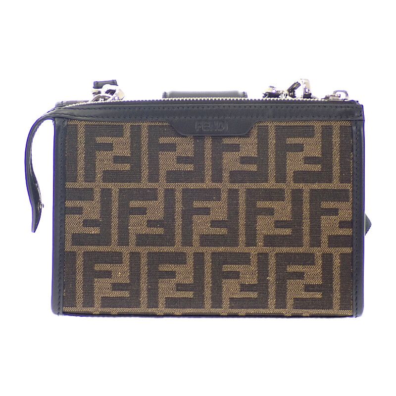 Fendi Baguette Double Shoulder Bag Leather FF Jacquard Brown Black