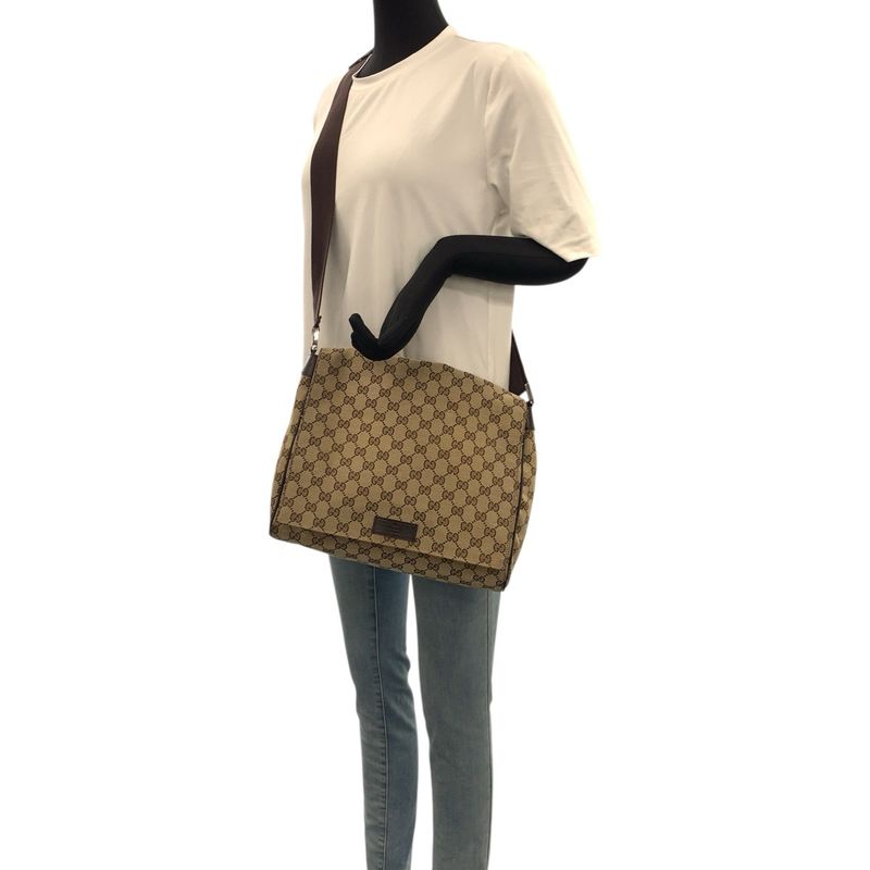 Gucci Beige Brown Silver GG Canvas Leather Shoulder Bag