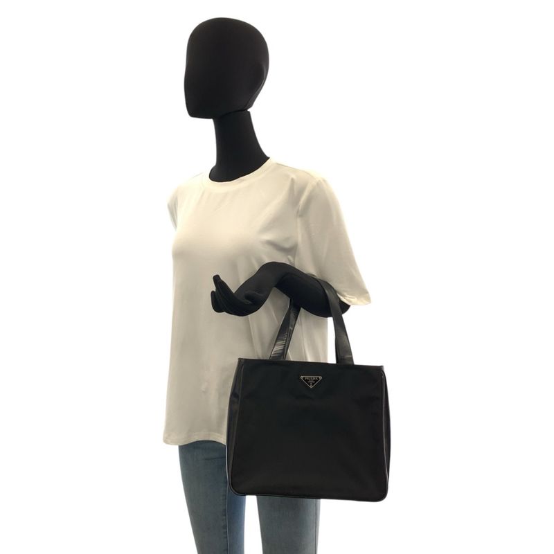 Prada Tessuto Black Silver Nylon Leather Handbag