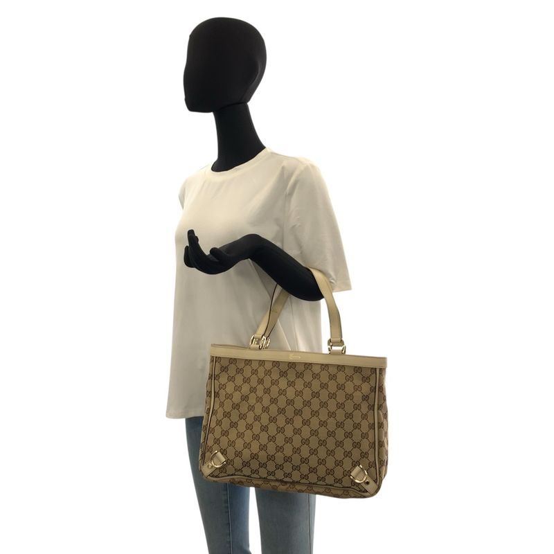 Gucci Beige Gold GG Canvas Leather Tote